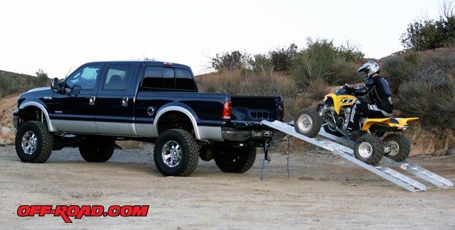Long ATV Ramps being used on Ford F250 SuperDuty with ProComp 8-inch lift 