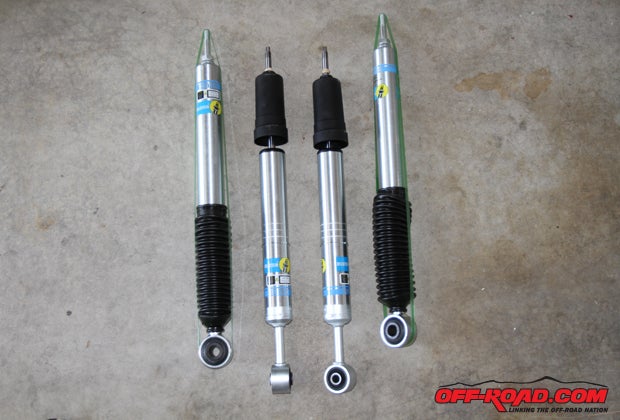 The zinc-coated Bilstein 5100s are a direct replacement for our 4Runners stock suspension. The front shocks (center) replace the stock units and simply re-use the front springs, while the rear shocks are just a direct swap.