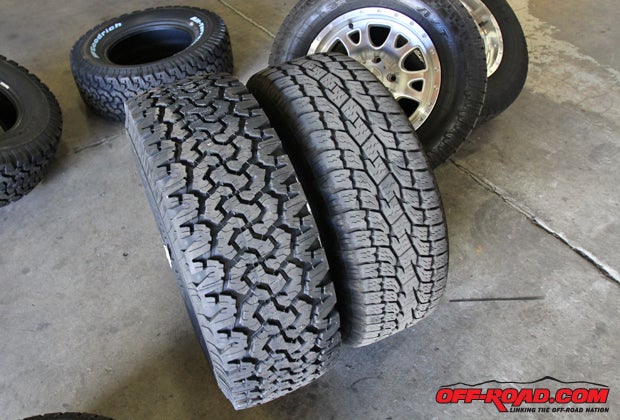 Moving up from the stock size of 32 inches, the 305/65R18 BFGoodrich All-Terrains (left) would offer nearly two more inches of ground clearance compared to the stock tire size. 