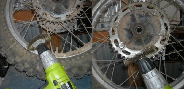 We then turned our attention to the rims, which looked like they were 200 hundred years old. A wire brush on our electric drill got most of the crud off (left). While we had the wire brush handy, the rear sprocket and sprocket bolts got the same treatment (right). The crud disappeared.