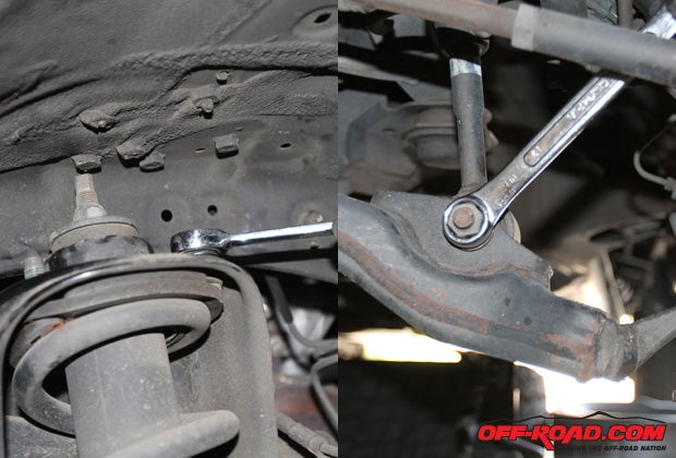 Once the vehicle is securely resting on jack stacks and the wheel is off you can loosen the top of the shock (left) and the base mounting location.