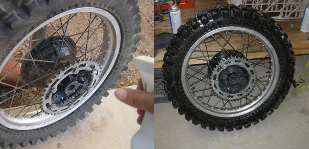 Wheel cleaner was sprayed on the hubs to get the accumulated grit off (left). A little bit of soap and water later and we had the wheels looking great (right).